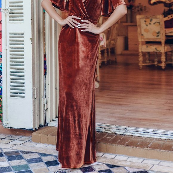 Brown Preppy Wopmens Surplice Neck Flutter Sleeve Velvet Prom Dress - Picture 4 of 6